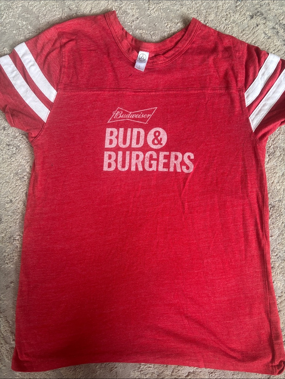 Budweiser Red Tee with White Sleeve Stripes